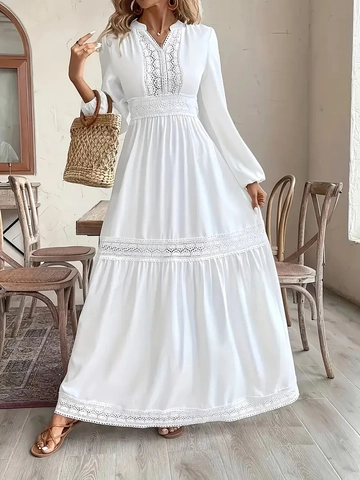 Dames Maxi Jurk Met Kant Patchwork Lange Lantaarnmouwen V-Hals Opengewerkte Bohemian Hoge Taille Elegante Vakantie Jurk