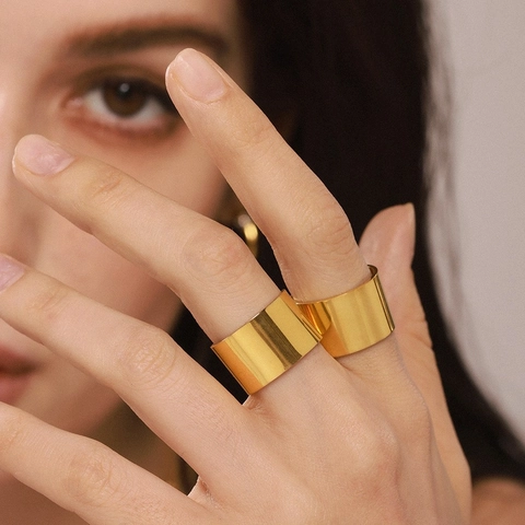 Minimalistischer Breitbandring Aus Edelstahl PVD 18K Vergoldet Poliert Offen Verstellbar Schmuck Damen
