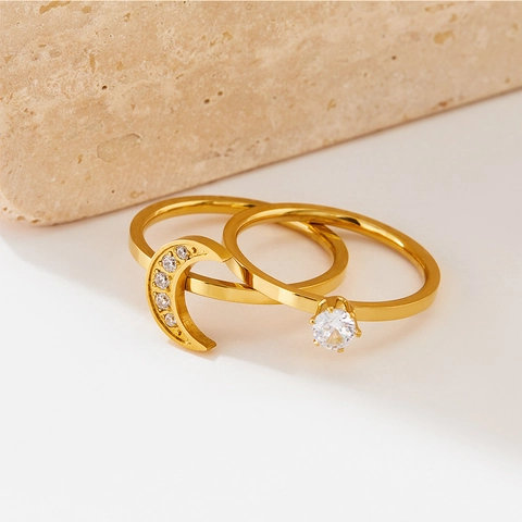 Crescent Moon Zirconia Rings Stainless Steel Detachable Stackable Elegant Jewelry For Women Gold Silver Tone
