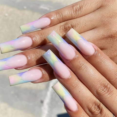 Lange Doodskist Vorm Plaknagels Regenboog Macaron Tie-Dye Frans Gradiënt Kunstnagels Manicure Decoratie Dames