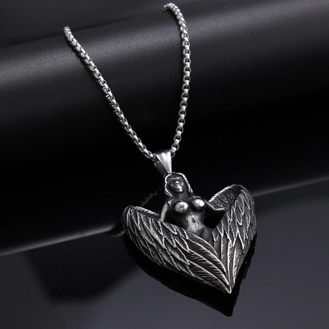 Collana Con Pendente Dea Ali D'Angelo In Acciaio Inossidabile Argento Vintage Gotico Forma Di Cuore Gioielli Per Uomo Donna