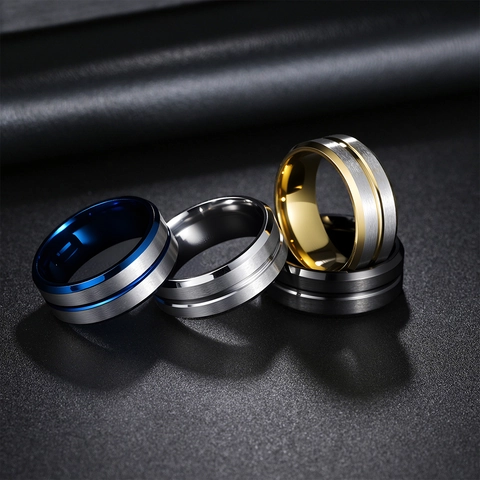 Stainless Steel Band Ring Brushed Matte Finish High Polished Groove Design Minimalist Jewelry For Men