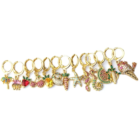 Kleurrijke Zirkoon Huggie Oorbellen Tropisch Fruit Zee Dier Bedels Koper Verguld Zomer Boho Sieraden