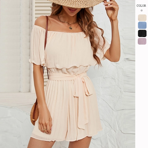 Tutina Plissettata Da Donna Con Spalle Scoperte Stile Resort Estivo Con Cintura Elegante Tuta Corta A Gamba Dritta