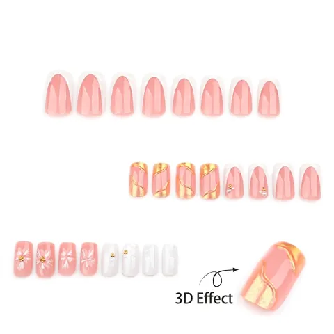 3D Sonnenblume Französisch Weiß Rosa Quadratische Aufdrücknägel Mit Künstliche Perlen Goldene Linien Maniküre Für Damen