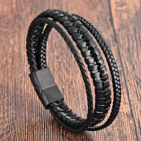 Pulsera de Cuero Trenzado para Hombre Cierre Magnético de Acero Inoxidable 316L Cuerda Multicapa Punk Rock Joyería