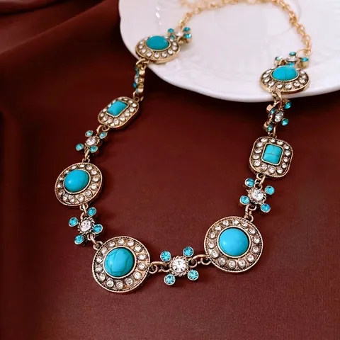 Vintage Halskette Und Ohrringe Legierung Strass Türkis Stein Palast Stil Bohemian Schmuck Mit Silbernem Ohrstecker