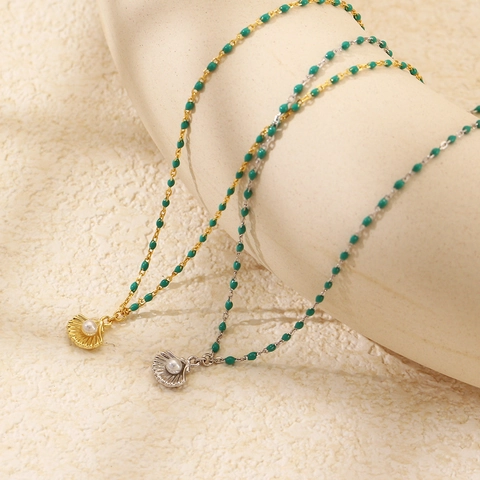 925 Sterling Silver Shell Artificial Pearl Pendant Necklace Dainty Clavicle Chain With Green Beads Beach Style Jewelry For Women