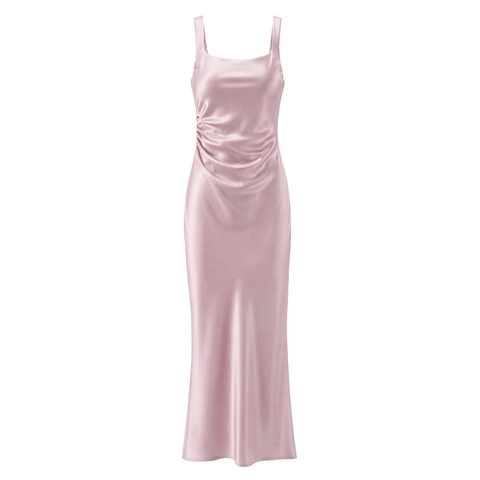 Abito Maxi da Donna in Raso con Spalline Sottili Scollo Quadrato Senza Maniche Arricciato a Sirena per Feste Serata Elegante