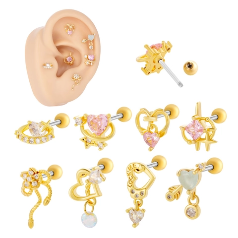 Zircon Heart Star Cartilage Stud Earrings With Stainless Steel Earring Post Copper Sweet Piercing Jewelry For Women