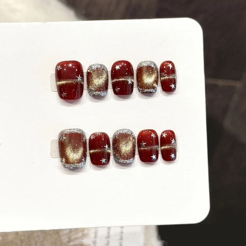Handmade Burgundy Cat Eye Press On Nails With Gold Silver Star Pattern Luxury Glitter False Nails For New Year Women