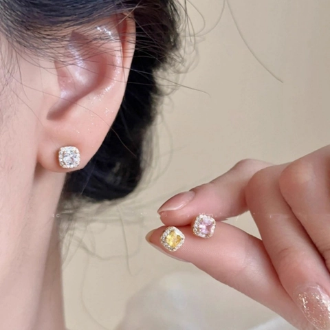 Luxury Square Rhinestone Stud Earrings For Women Copper Geometric Halo Earring With 925 Sterling Silver Earring Post Jewelry