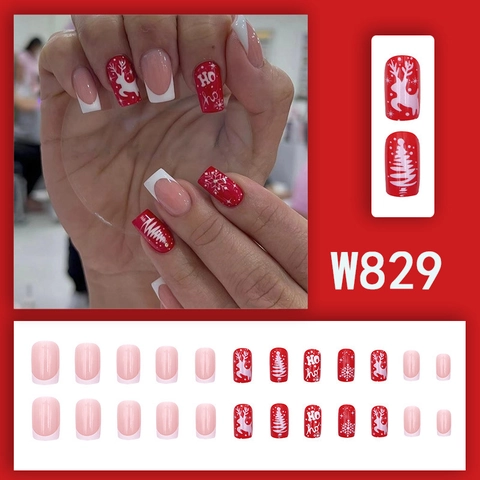 Press On Nails Christmas Fake Nails Red White French Tips With Reindeer Snowflake Xmas Tree Patterns Full Cover Glossy ABS