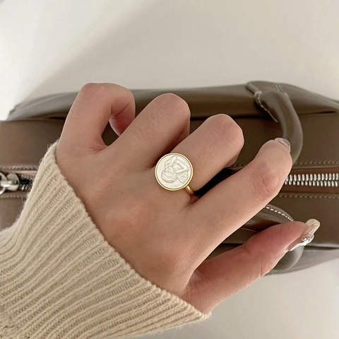 925 Sterling Silver Angel Cameo Ring Shell Portrait Relief French Vintage Style Open Adjustable Minimalist Jewelry