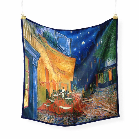 Van Gogh Oil Painting Cafe Terrace At Night Print Satin Scarf Square Twill Decorative Neck Scarf For Women