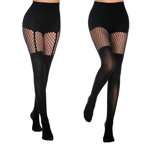 Sexy Damen Fischnetz Patchwork Strumpfhose Gestreift Nylon Elastisch Pantyhose Gothik Punk Stil Schwarz