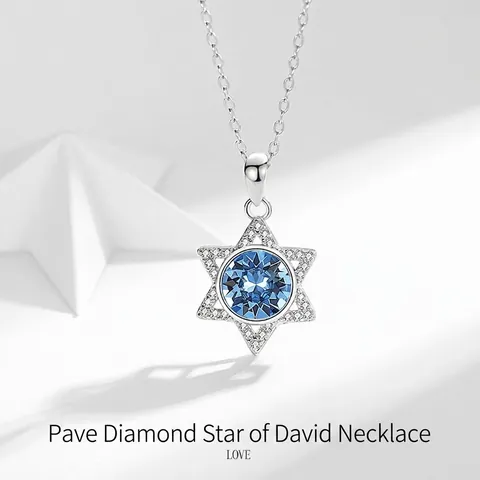925 Sterling Silber Hexagramm Halskette Blau Zirkonia Herz Des Meeres Davidstern Anhänger Für Damen