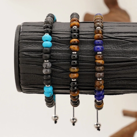 Men Natural Stone Beaded Bracelet Tiger Eye Lapis Lazuli Stainless Steel Adjustable Braided Cord Fashion Jewelry