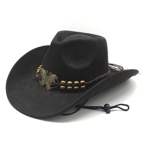 Western Cowboy Hat Faux Suede Butterfly Buckle Retro Ethnic Wide Brim Fedora Jazz Hat Sun Shade Windproof Cord