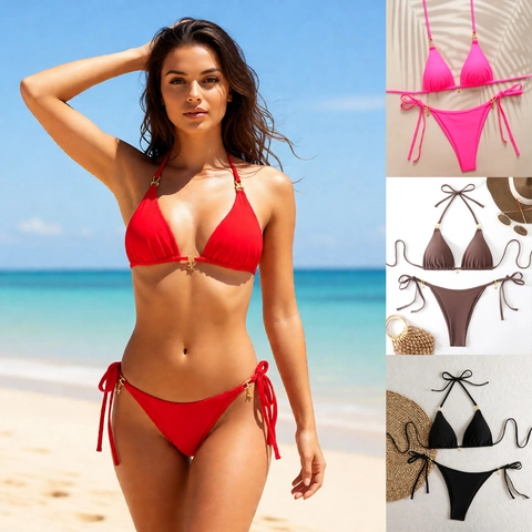 Sexy Halter Neck Triangle Top And Side Tie Bottom Bikini Swimsuit With Golden Star Charms Solid Beachwear For Women