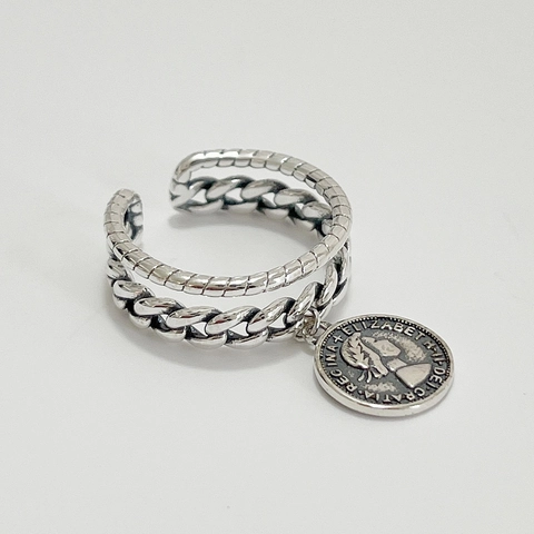 Anello Regolabile In Argento Sterling 925 Ciondolo Moneta Elizabeth II Design Catena Stile Vintage Geometrico Donna