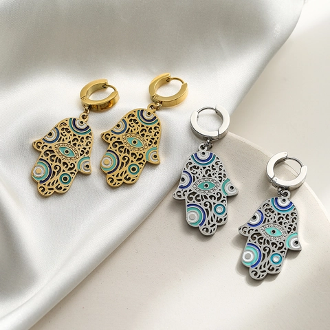 Orecchini a Goccia Hamsa Hand Evil Eye in Acciaio al Titanio Con Strass Smalto Orecchini Pendenti per Donna Gioielli Stile Etnico Vintage