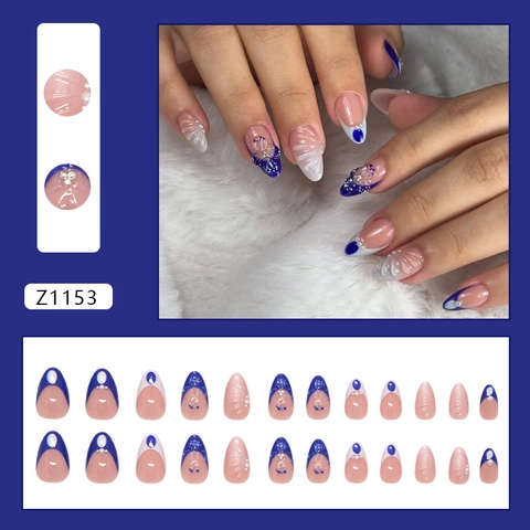 Dunkelblaue French Tip Press On Nails Mit 3D Künstliche Perlenblume Gradient Elegante Mandelform Künstliche Nägel