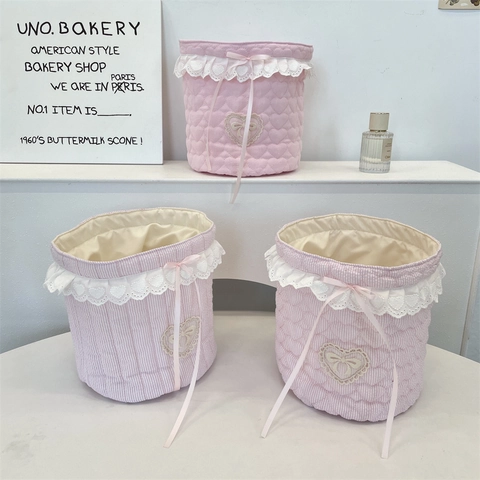 Quilted Fabric Desktop Storage Basket With Heart Lace And Ribbon Bow Kawaii Cosmetic Makeup Sundries Organizer Bin