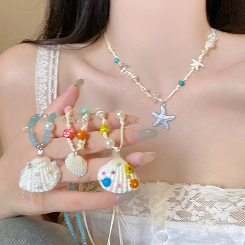 Collar Con Colgante De Estrella De Mar Y Concha Con Imitación De Perla Artificial Y Cuerda Trenzada Para Vacaciones Playa Estilo Boho