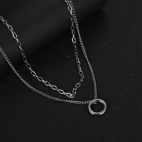 Stainless Steel Layered Necklace For Women Minimalist Circular Ring Pendant Hip Hop Punk Style Adjustable Chain Jewelry