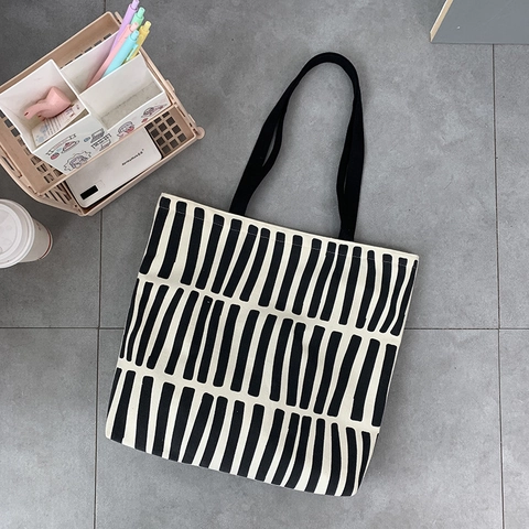 Sac Fourre-Tout En Toile Pour Femmes Grande Capacité Fermeture Éclair Sac À Épaule Imprimé Géométrique Rayé Décontracté
