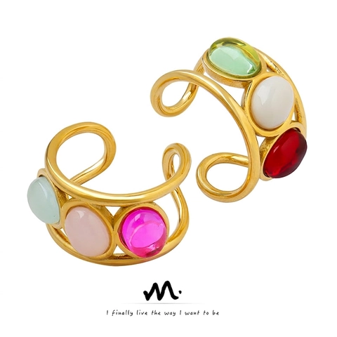 Vintage Gold Plated Titanium Steel Open Ring Colorful Cabochon Geometric French Style Elegant Jewelry For Women
