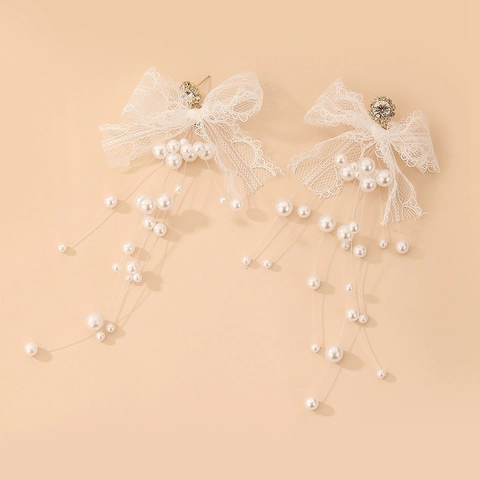 Pendientes Largos De Borla Con Lazo De Encaje Y Poste De Plata De Ley 925 Aleación Diamantes De Imitación Perla Artificial Elegante