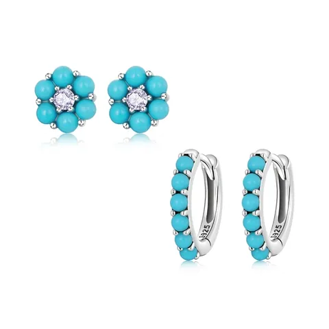 Pendientes de Botón de Flor de Turquesa de Plata de Ley 925 para Mujer Pendientes de Aro Oxidados Vintage con Strass
