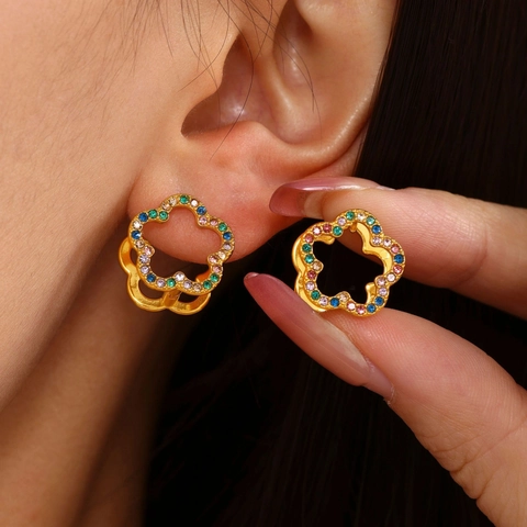 Blumen Hohle Ohrringe Bunte Zirkonia Eingelegt Edelstahl Eleganter Modeschmuck Für Damen