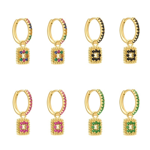 Geometric Square Pendant Hoop Earrings Copper Gold Plated With 925 Sterling Silver Earring Post Cubic Zirconia Inlaid Fashion Jewelry For Women