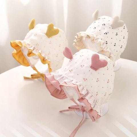 Chapeau Soleil Bébé Fille Coton Dentelle Imprimé Cœur Béguin Style Princesse À Nouer Pare-soleil Doux Nourrissons