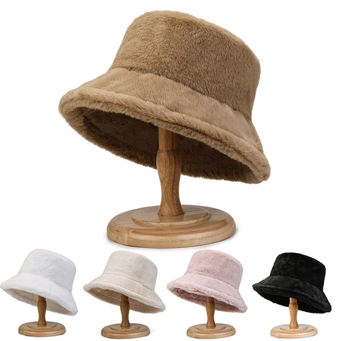 Sombrero De Pescador Invierno Mujer Piel Sintética Engrosada Peluche Cálido Gorro De Lavabo Color Sólido