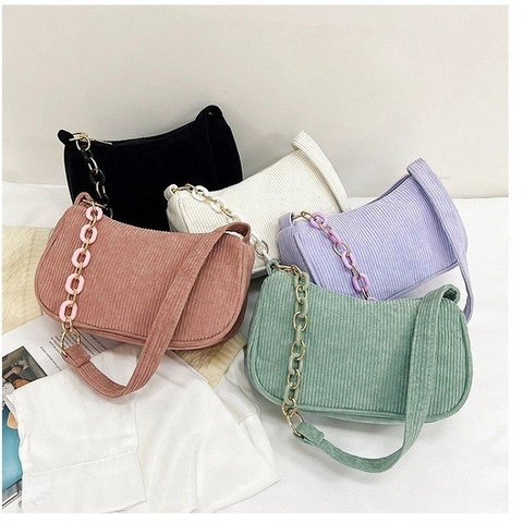 Fashion Corduroy Underarm Bag For Women Minimalist Acrylic Chain Shoulder Bag Retro Solid Color Casual Hobo Baguette Bag