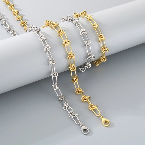 Collier Et Bracelet Bijoux À Maillons Noués Acier Inoxydable Plaqué Or 18K Chaîne Épaisse Style Ins Pour Femmes Hommes