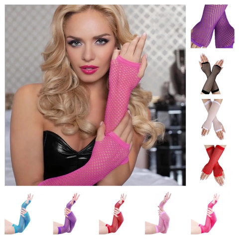 Long Fishnet Gloves Fingerless Arm Sleeves Elastic Mesh Hollow Out Party Disco Costume Neon Retro Punk Accessories