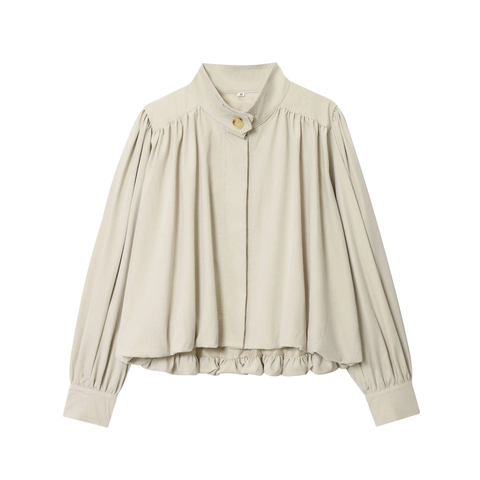 Damen Langarm Plissierte Jacke Elegant Geraffte Stehkragen Lässige Gewebte Oberbekleidung Apricot