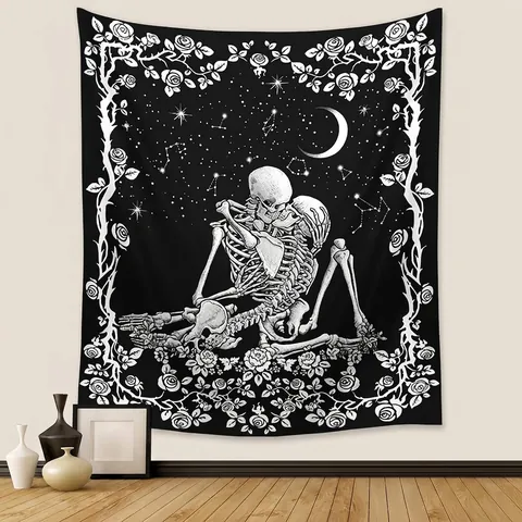 Skeleton Lovers Kissing Tapestry Black And White Polyester Wall Hanging For Bedroom Gothic Rose Moon Star Aesthetic