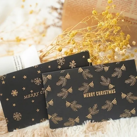 Black Christmas Greeting Card Gold Foil Stamping Elegant Holiday Invitation Blessing Message Card For New Year