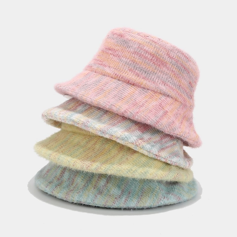 Damen Strick Fischerhut Bunt Regenbogen Gestreift Plüsch Warm Winter Outdoor Becken Hut Verstellbar