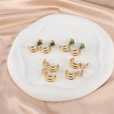 Fashion Stainless Steel Rhinestone Artificial Pearl Hoop Earrings For Women Gold Plated Multicolor Enamel Geometric Ear Jewelry