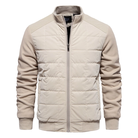 Men's Quilted Jacket Stand Collar Patchwork Knit Sleeves Casual Windproof Zip Up Outerwear