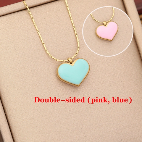 Collier Pendentif Coeur Acier Inoxydable Émail Double Face Ton Or Bijoux De Mode Pour Femmes Chaîne De Clavicule Élégante