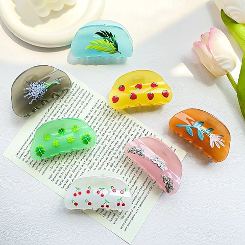 Pinza de Cangrejo de Acrílico Vintage con Estampado Floral y de Frutas Dulce Color Caramelo Accesorio para el Pelo