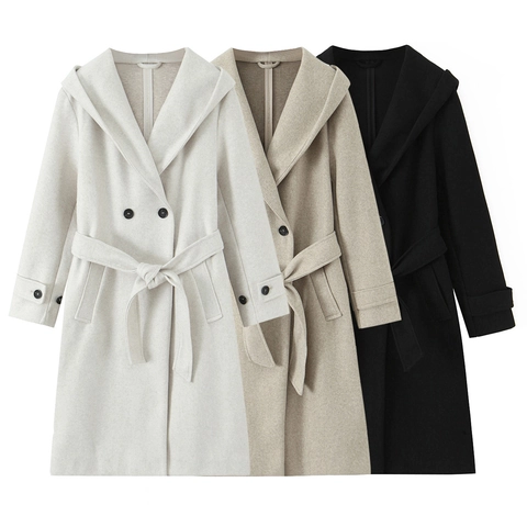 Dames Lange Jas Met Capuchon Wollen Look Dubbele Rij Knopen Met Riem Losse Casual Elegante Winterjas